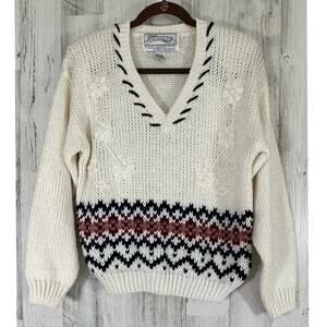 Nuggets‎ Sweater Size Medium Cream Fair Isle Knit Flowers Vneck Vintage 1992
